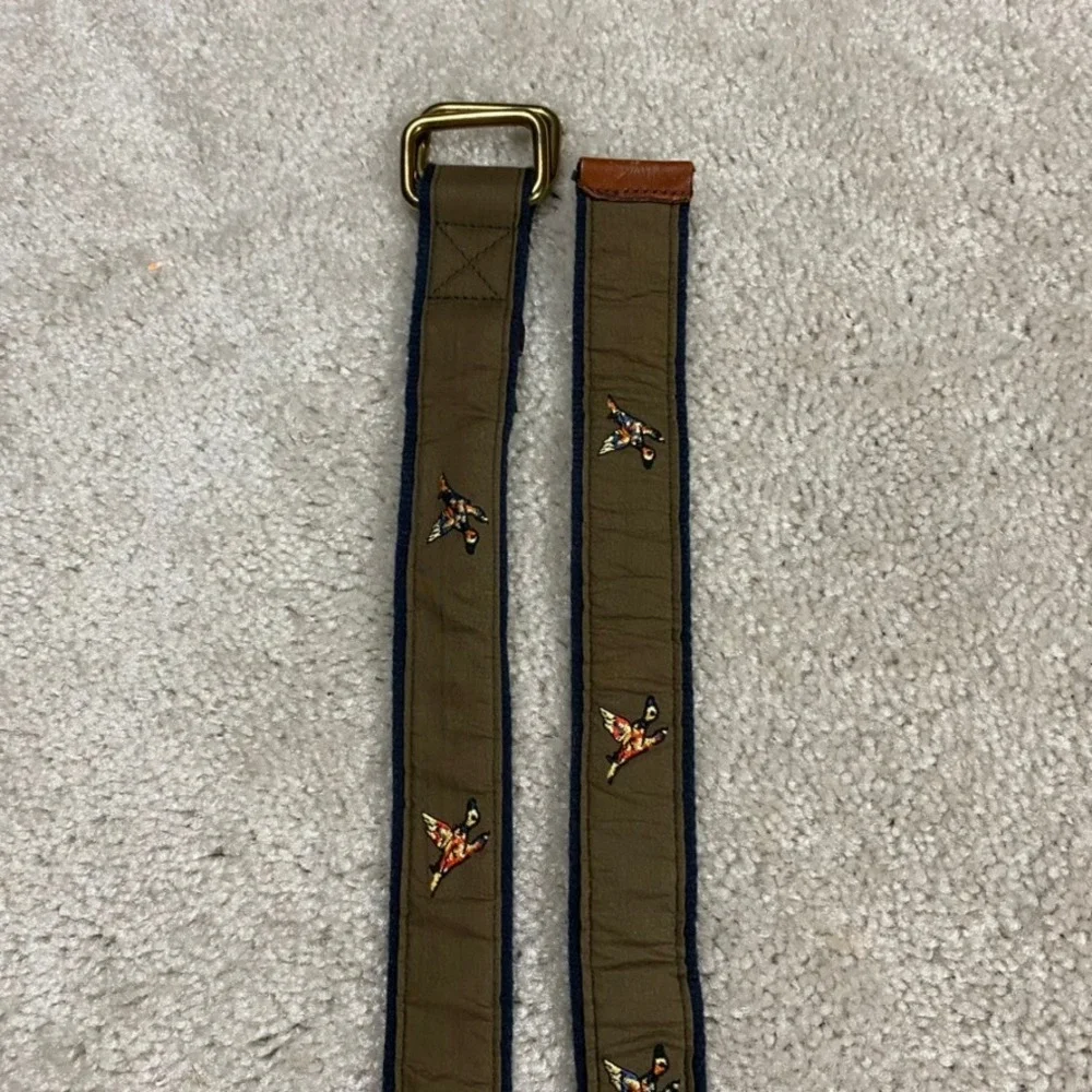 Brooks Brothers Belt Mens XL Canvas D-Ring Ribbon Olive Green Embroidered Ducks
